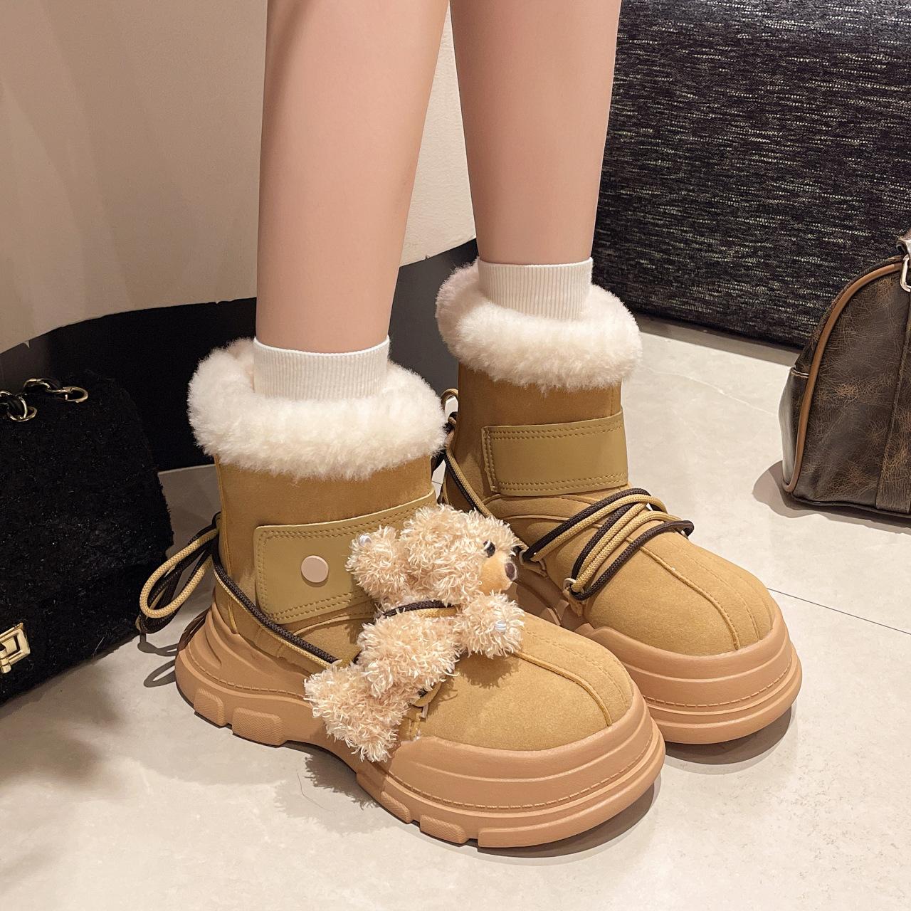 

толстый каблук толстая подошва зимние ботинки женские меховые интегрированные флисовые северо-восточные большие хлопковые ботинки милый медведь модные и удобные большие сапоги 40