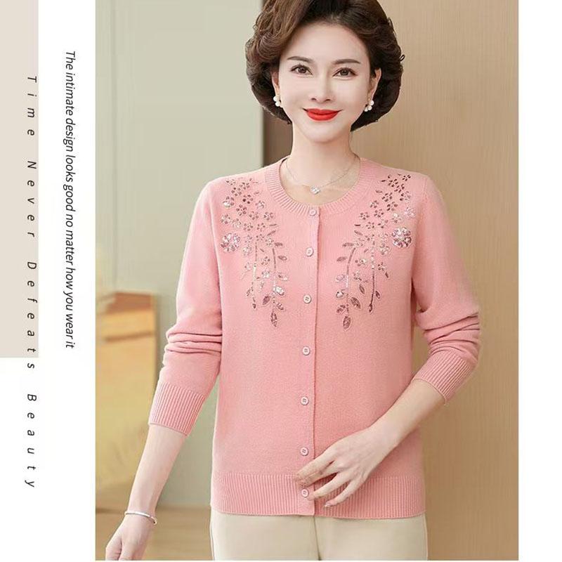 Autumn Women's Wool Cardigan Embroidered Rhinestone Round Neck Knitted Cardigan Sweater