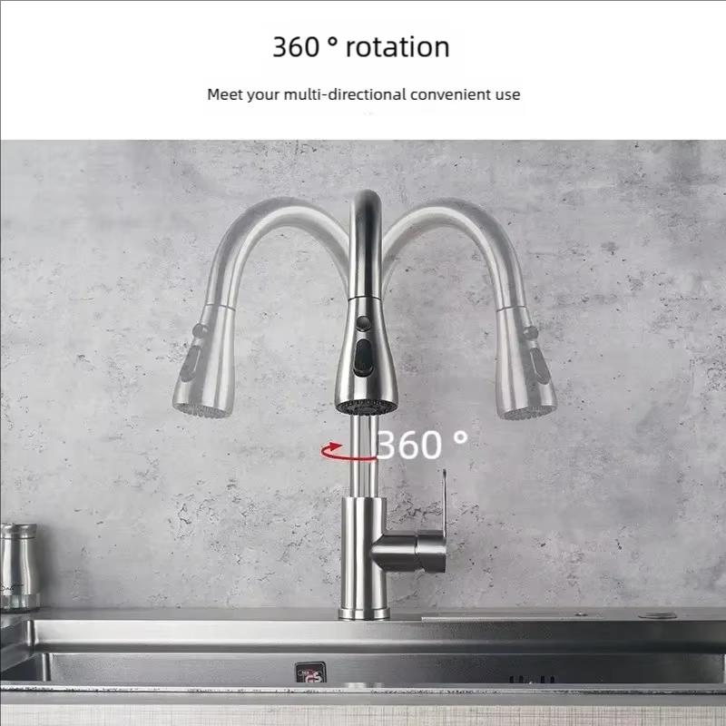 Vintage pull-out rotary kitchen faucet, 360° rotating stainless steel faucet, brushed/silver/black finish, suitable for sinks.
