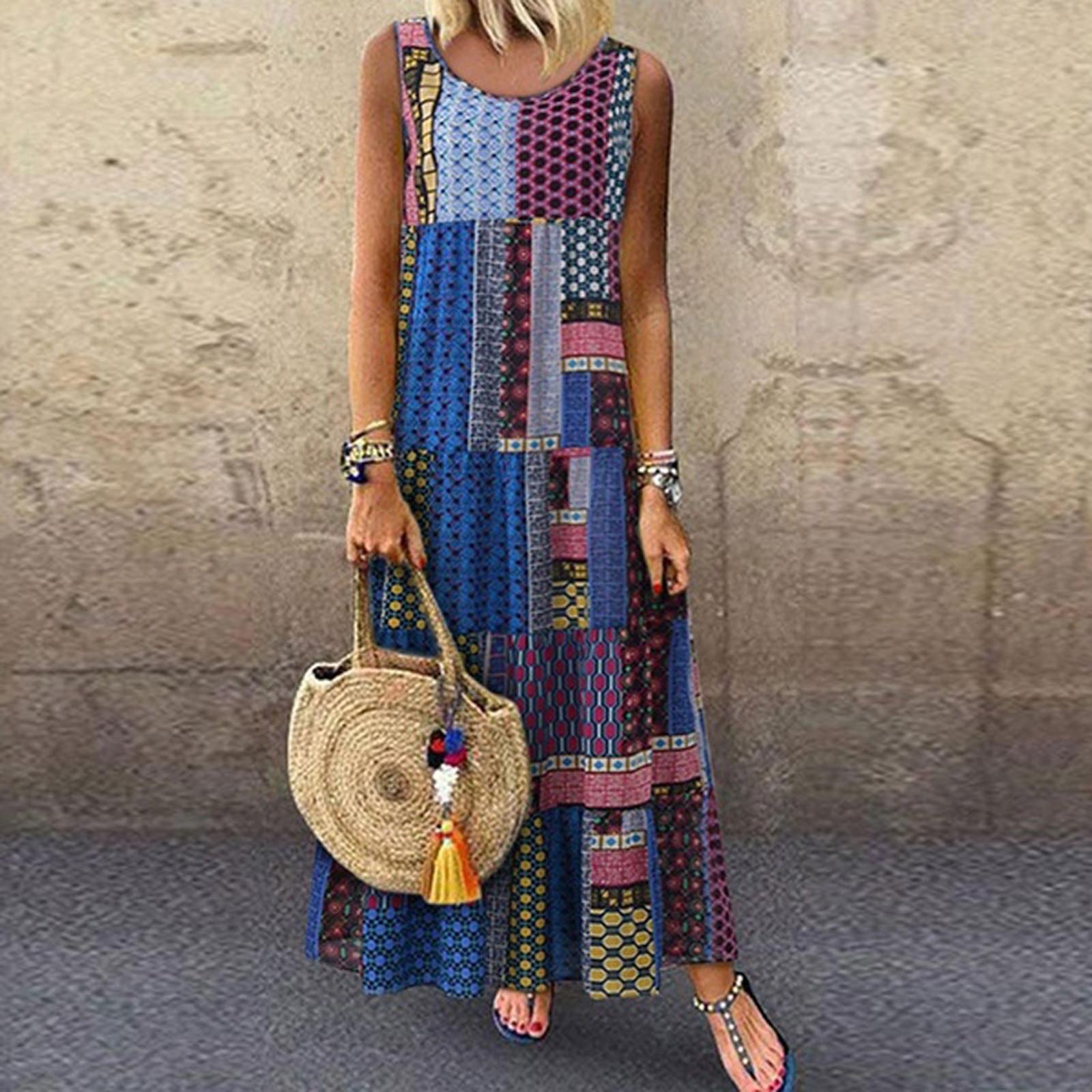 

Women Fashion Loose Long Dress Sleeveless Printed Retro Dress L синій
