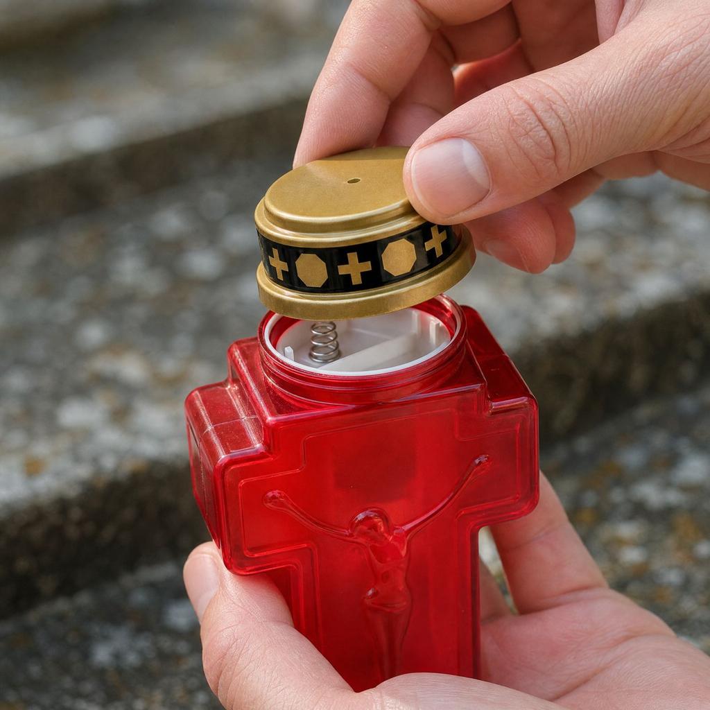 Plastic Battery Operated Cross Shaped Religious Candle Lamp for Church and Cemetery Decoration