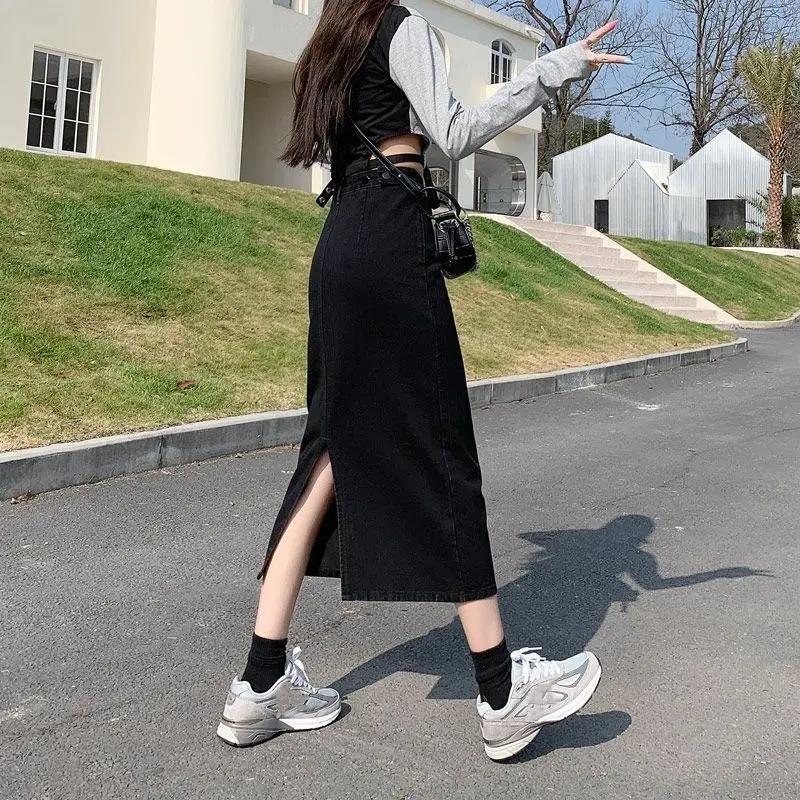 Fustă de blugi de vară pentru femei cu crăpătură laterală, cu talie înaltă, croială A-line, lungime medie, rochie lungă