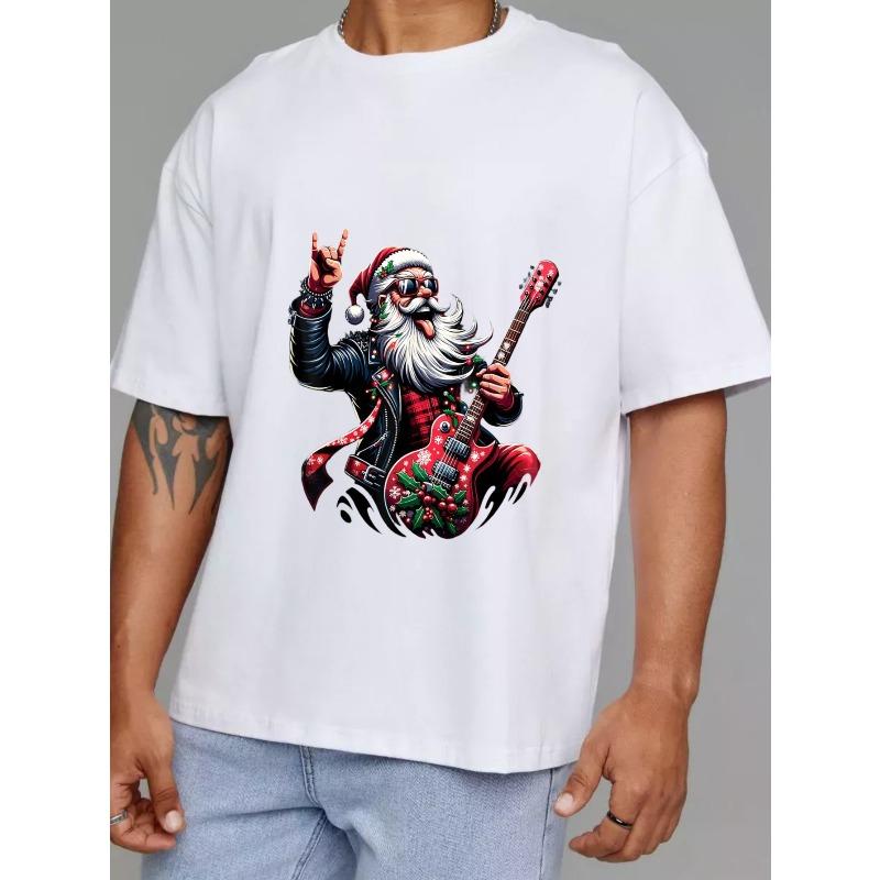 Vánoční Rock Santa Claus Tričko Bílé Rock and Roll Santa s Kytarou Potiskem pro Sváteční Večírek a Vánoční Oslavu