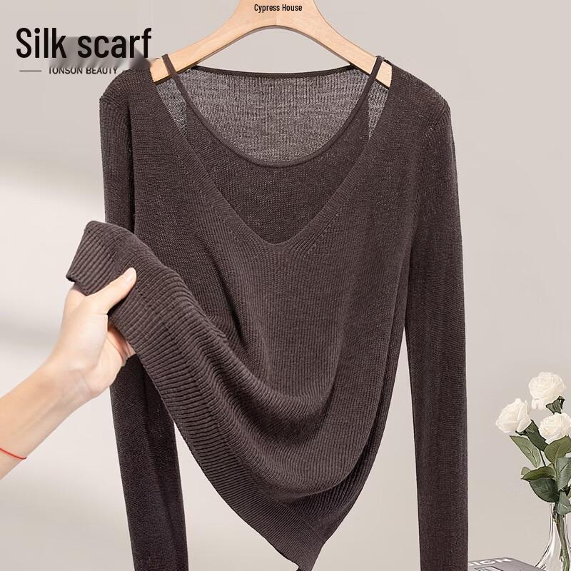 Women s V-Neck Faux Two-Piece Long Sleeve Knit Top One Size