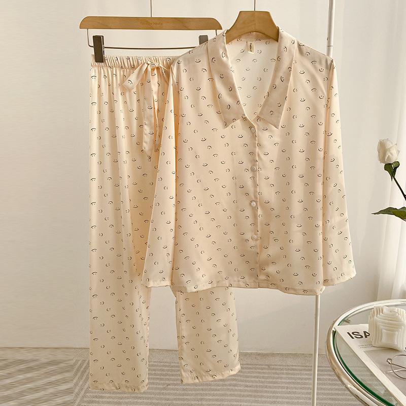 Spring and Summer Fashion Printed Ice Silk Pajamas Suit Women's Casual Wear Loose Satin Home Service Suit