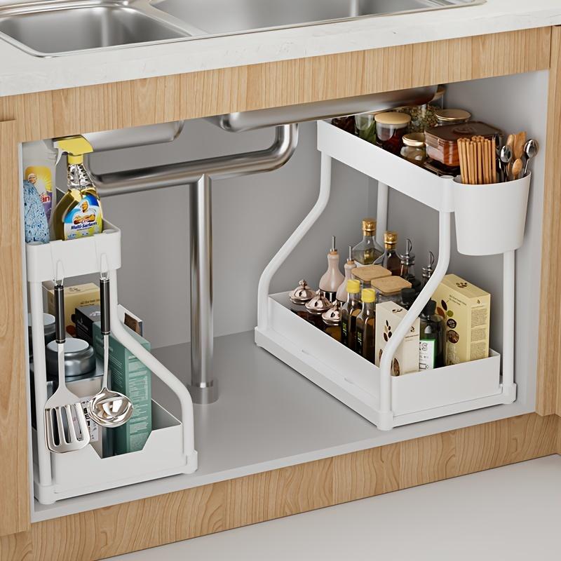 Space-Saving 2-Tier Pull-Out Storage Rack - Durable Plastic, Ideal for Kitchen & Bathroom Organization, Holds Bottles, Spices, and Utensil