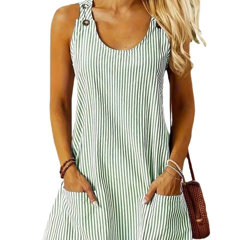 European and American coats new round neck pockets striped straps button casual dress
