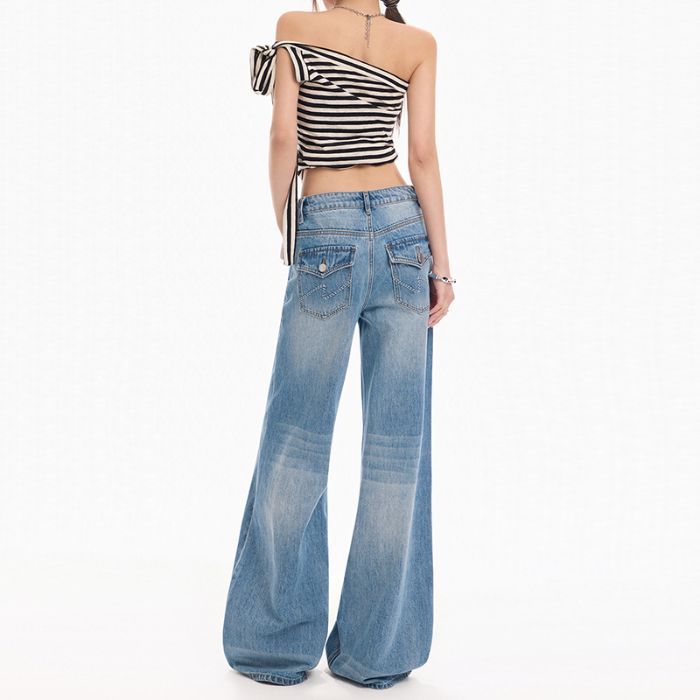 Spring Summer Vintage Blue Embroidery Relaxed Micro Flare Wide Leg Denim Pants For Ladies Casual Pants Oversize Denim Trousers