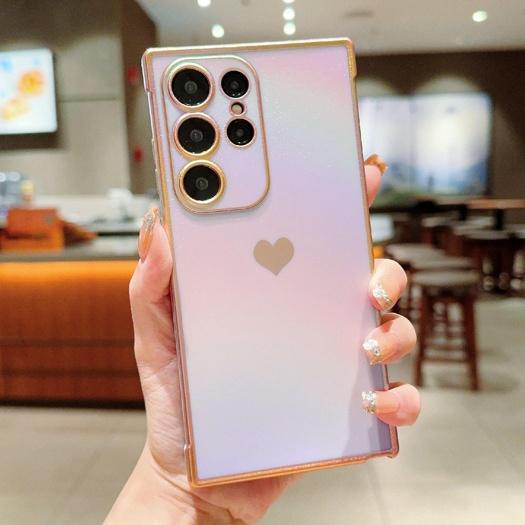 

For Samsung Galaxy S25 Ultra Case Dazzling Design Electroplating Heart Pattern TPU Phone Cover Purple