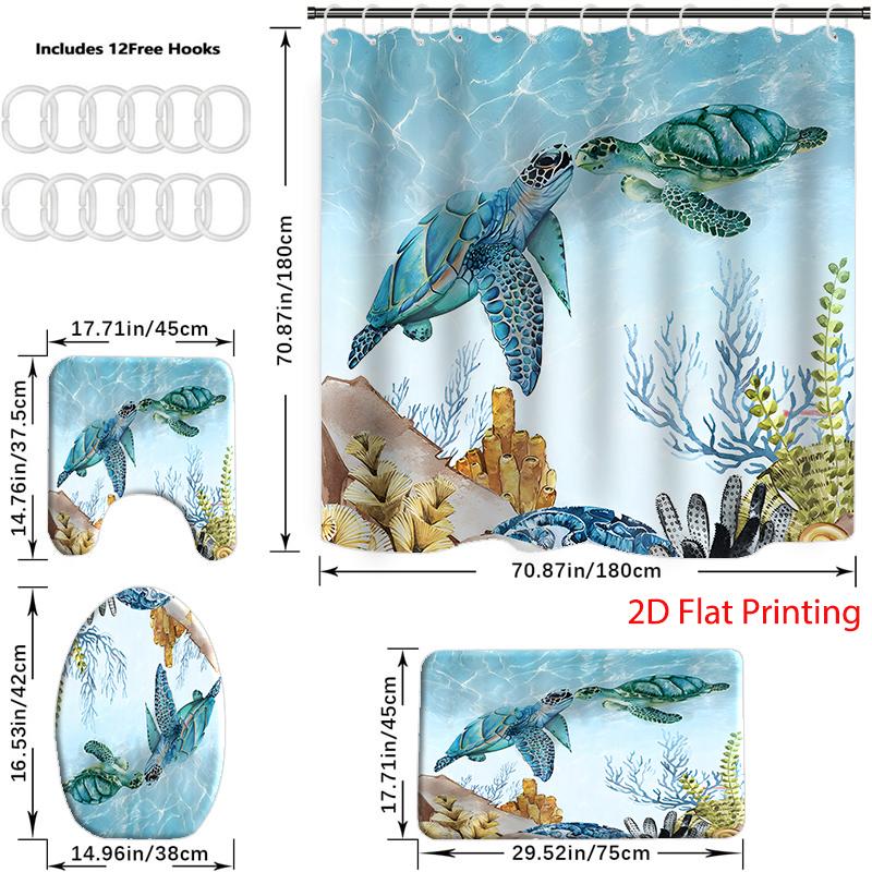 4PC-piece shower curtain set with 12 hooks, shower pad, toilet seat, seat, bathroom non slip carpet, washable curtains for home decoration