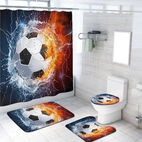 4-Piece Football Shower Curtain Set Football Boys Sports Theme Blue Flame Bathroom Decorative Curtain Set