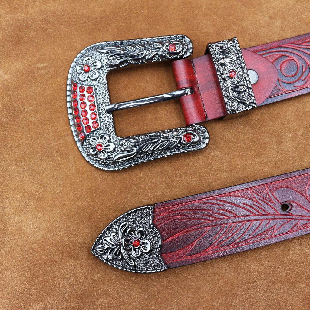 Men's Western Buckle Genuine Cowhide Leather Belt, Thick and Embossed for a Fashionable Look