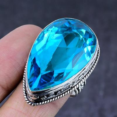 Swiss Blue Topaz Gemstone Handmade 925 Steling Silver Jewelry Ring Size 9 Y1v42