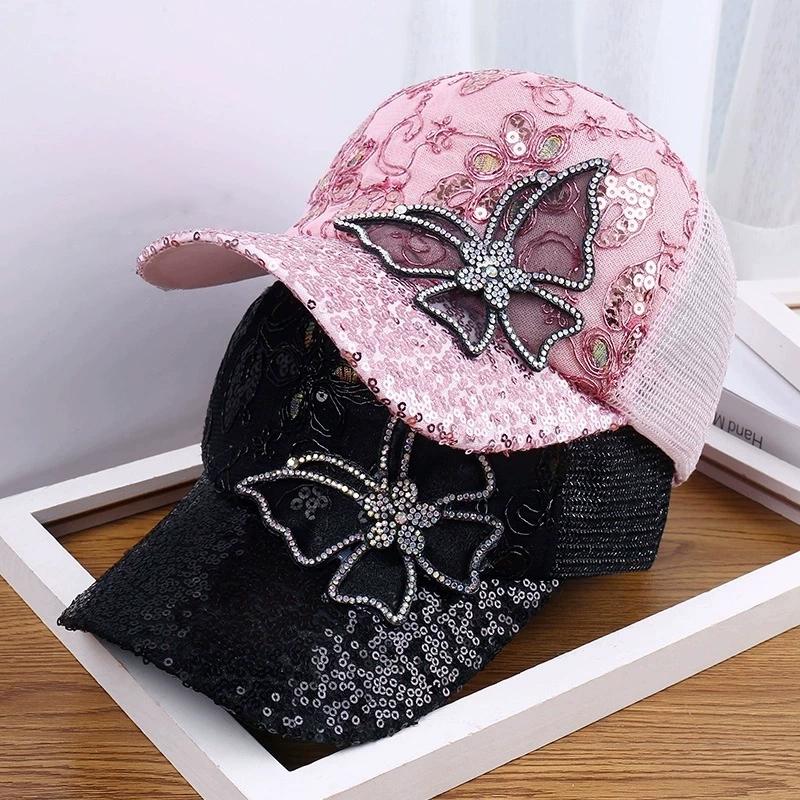 Damen Schwarz Strass Schmetterling Verziert Basecap Verstellbar Atmungsaktiv Netz Frühling Sommer Herbst Hut