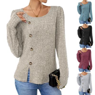 Podzimní jednobarevné knoflíčky s výstřihem do O Dlouhý rukáv Volný střih Tričko s rozparkem Dámské Jarní Topy pro volný čas