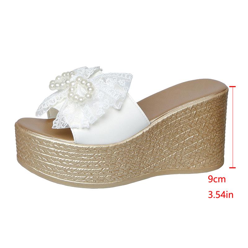 

Fashion Pearls Lace Bow Chunky Platform Sandals Women Summer Peep Toe Thick Sole Slippers Woman Plus Size Fashion Wedge Heeled Sandals 35 белый