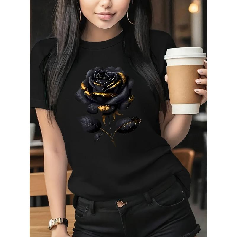

Womens Black Rose Print Crew Neck Short Sleeve Casual T Shirt Spring Summer Fashion Gift Top 4XL чорний