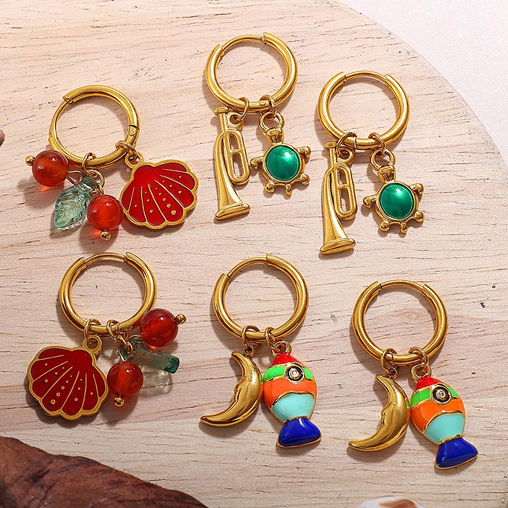 Ocean Wind DIY Dripping Octopus Turtle Pendant Earrings Stainless Steel Gold-plated Cute Earrings