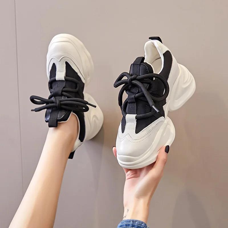 Fashion 8CM New Genuine Leather Women Summer Hollow Air Mesh Platform Wedge Chunky Sneakers Autumn Spring Fashion Lace-up Casual Shoes