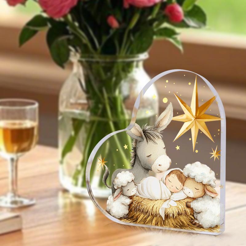 One Piece of Heart-Shaped Acrylic Decorative Sign And Plaque Featuring a Nativity Scene with a Humorous Donkey And Lamb Design, Making It an Ideal  