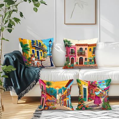 4Pcs Mexican Retro Abstract Cushion Covers Single-sided Printed 45CM Throw Pillow Case Cover Sofa Cushion Home Room Decor