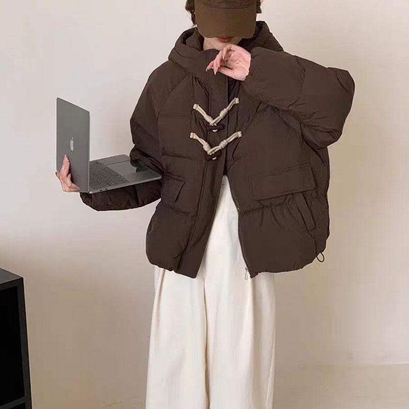 Short hooded down jacket women's 2024 winter fashion sweet barrel buckle thickened white duck down bread jacket tide