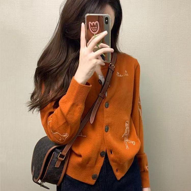 

Korean retro fashion college fairy tale coat pumpkin crew neck knitted cardigan temperament sweater top s recommendation 42.5-47.5kg помаранчевий