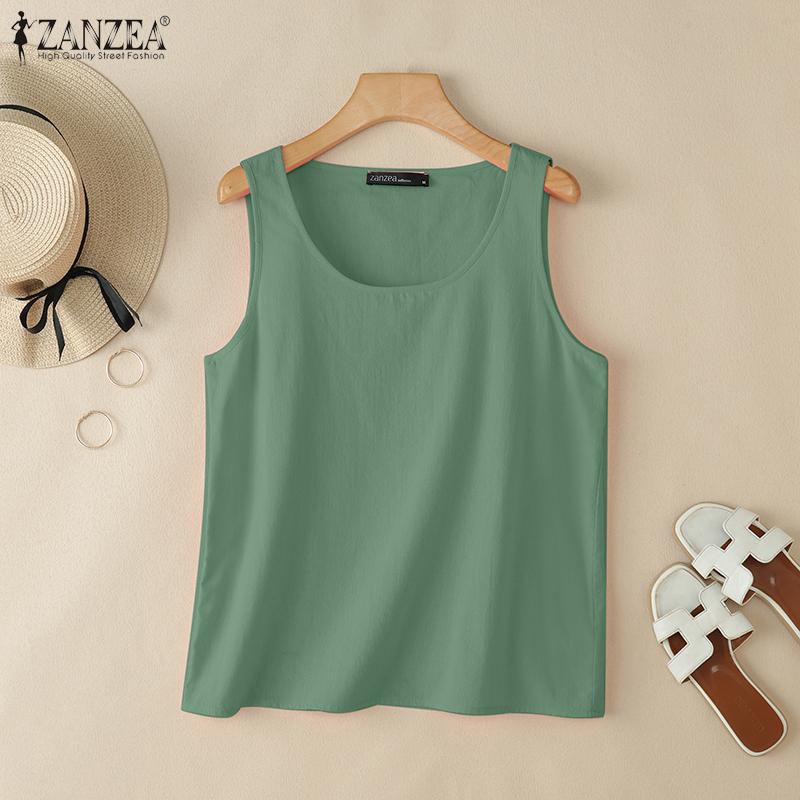 ZANZEA Women Casual Round Neck Solid Color Sleeveless Cotton Vest Tank Tops