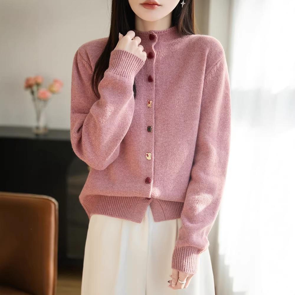 Fall/Winter New Style Half-Neck Knitted Cardigan Long-Sleeve Women's Heart-Style Solid Color Loose-Fitting Top Coat