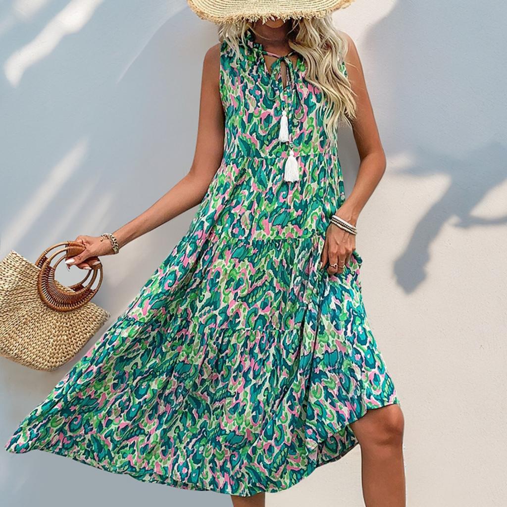 New European American Style Summer Abstract Print Midi Dress for Beach Vacation