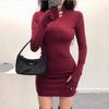 European and American style red turtleneck sexy tight and thin long-sleeved hip-wrapped dress autumn and winter base with short skirt