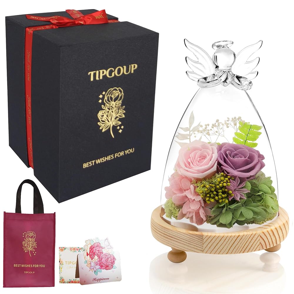 Preserved Flowers Birthday Flower Gift Angel-shaped Glass Dome with Special Box Light Purple Pink