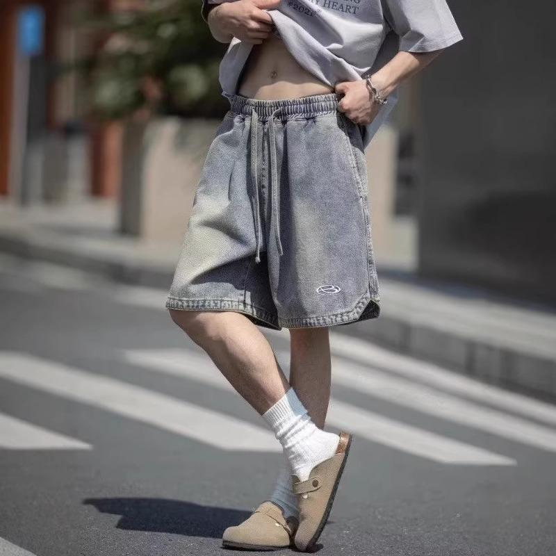 American Vintage Washed Denim Embroidered Loose Five Point Shorts For Men S