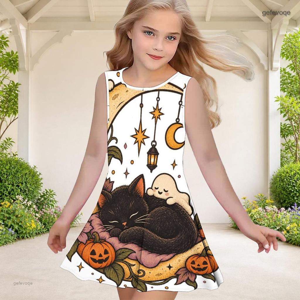 Girls Round Neck Sleeveless A Line Flared Dress Halloween Cartoon Black Cat Pumpkin Printed