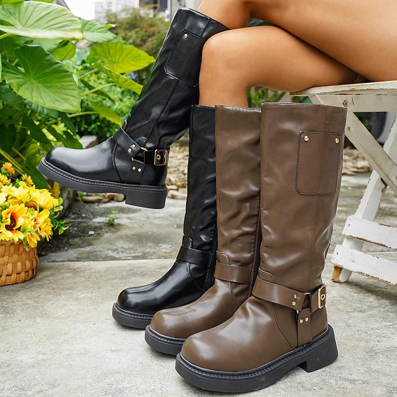 Fashion Chunky Platform Biker Boots for Women 2025 Autumn Winter Knee High Boots Woman Fashion Belt Buckle PU Leather Long Botas Mujer