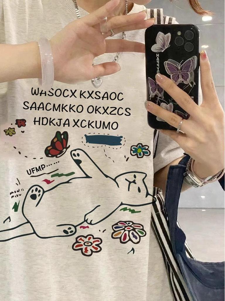 Women's Heather Gray Retro Short-Sleeve T-Shirt - 2025 Summer Loose Straight-Shoulder Design