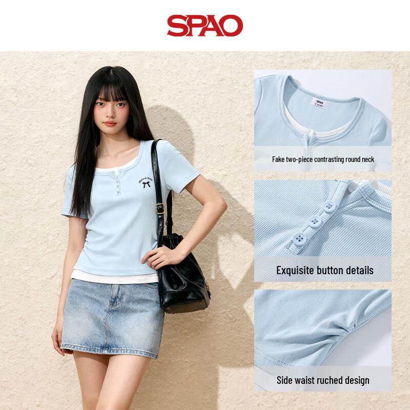 SPAO Women's Contrast Faux Two-Piece Short Sleeve T-Shirt