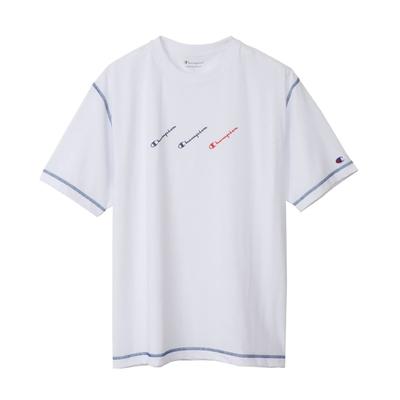 Short Round Quick UV Script Short Sleeve L [Champion] T-Shirt, Sleeve, Neck, Drying, Protection, Logo, T-Shirt, Men's Sports, C3-XS317, White,