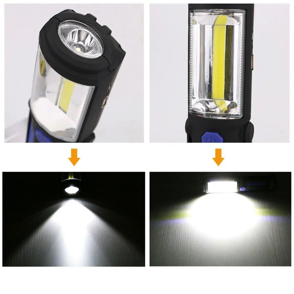 USB Rechargeable COB LED Flashlight Portable Work Light Magnetic Hook Torch Camping Lamp with Built-in Battery Car Repair Lamp
