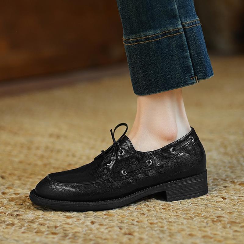 Fashion NEW Spring/Autumn Women Loafers Round Toe Chunky Heel Shoes Genuine Leather Shoes for Women Lace-up Women Pumps Handmade Shoes