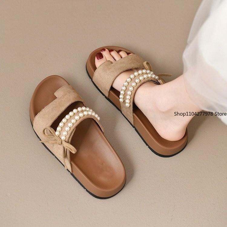 Fashion French Pearl Platform Slippers Women's Summer 2025 New Sandals Open-toe Cool Breatheable Princess Shoes Mules Female