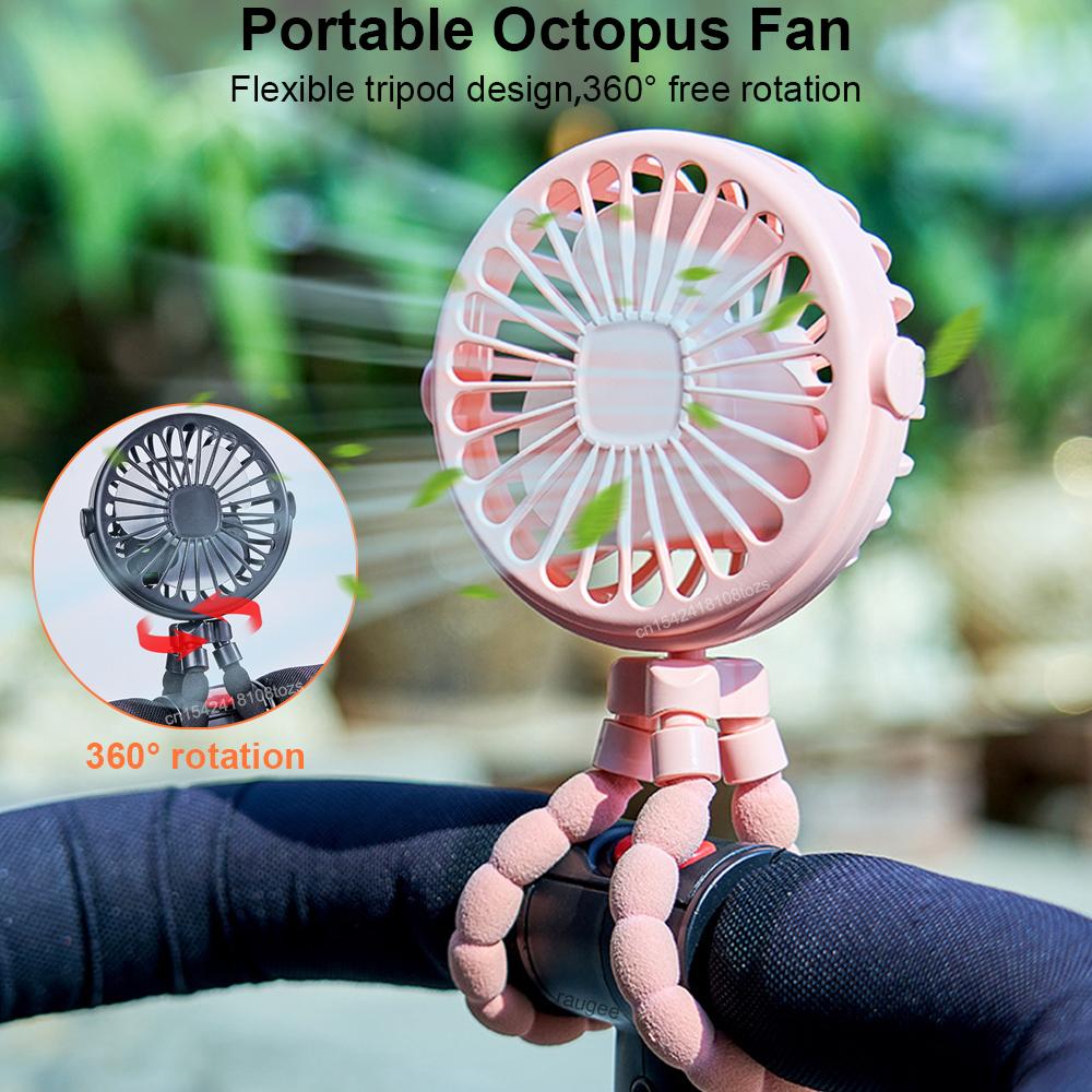 Tragbarer Kinderwagen-Ventilator Mini Baby Clip-Ventilator Intelligenter Oktopus Handventilator 360° drehbar Fahrrad Auto Stativ-Ventilator Wiederaufladbarer Clip-Ventilator
