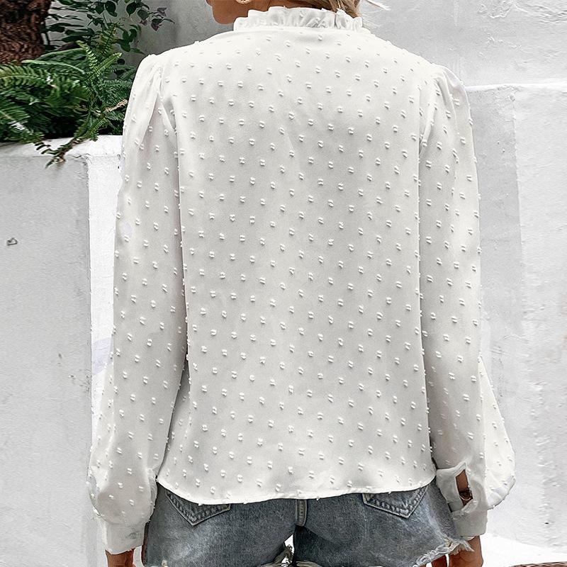 Damski top w kropki z półwysokim dekoltem i koronką, casualowa koszula w jednolitym kolorze dla kobiet