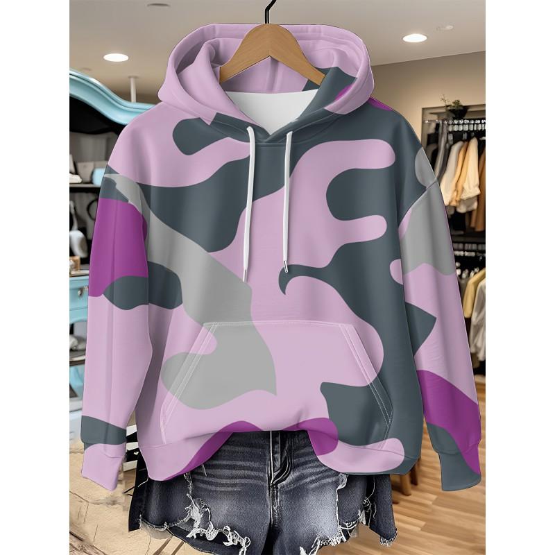 Womens Relaxed Fit Hooded Long Sleeve Sweatshirt With 3D Floral Plaid Print Breathable Comfort Casual Top