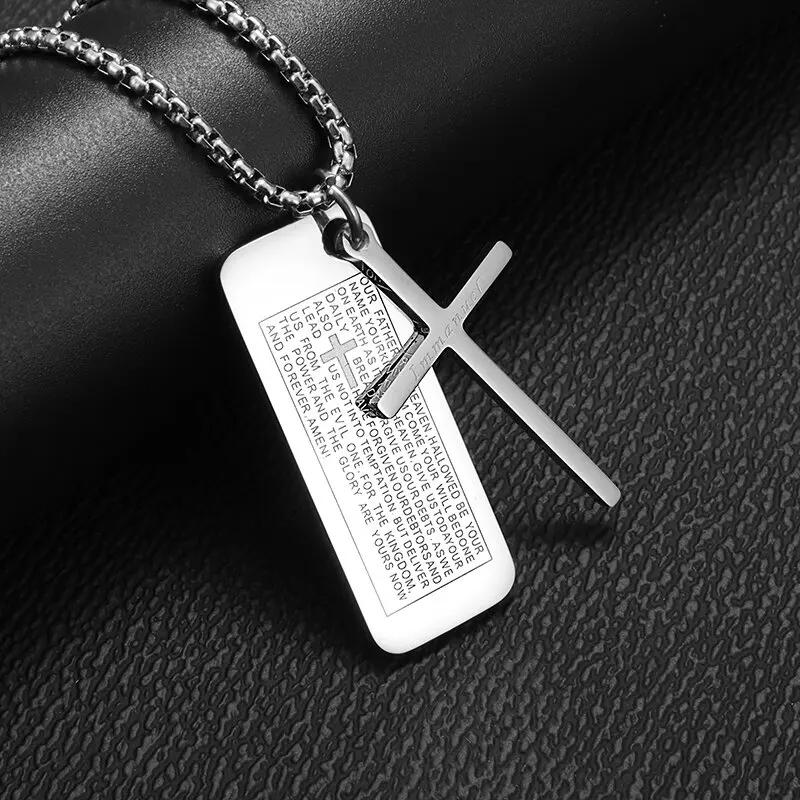 Collana da uomo con croce in acciaio inossidabile color argento, croce della fede, ciondolo con versetto biblico, medaglietta, regali di compleanno per ragazzi