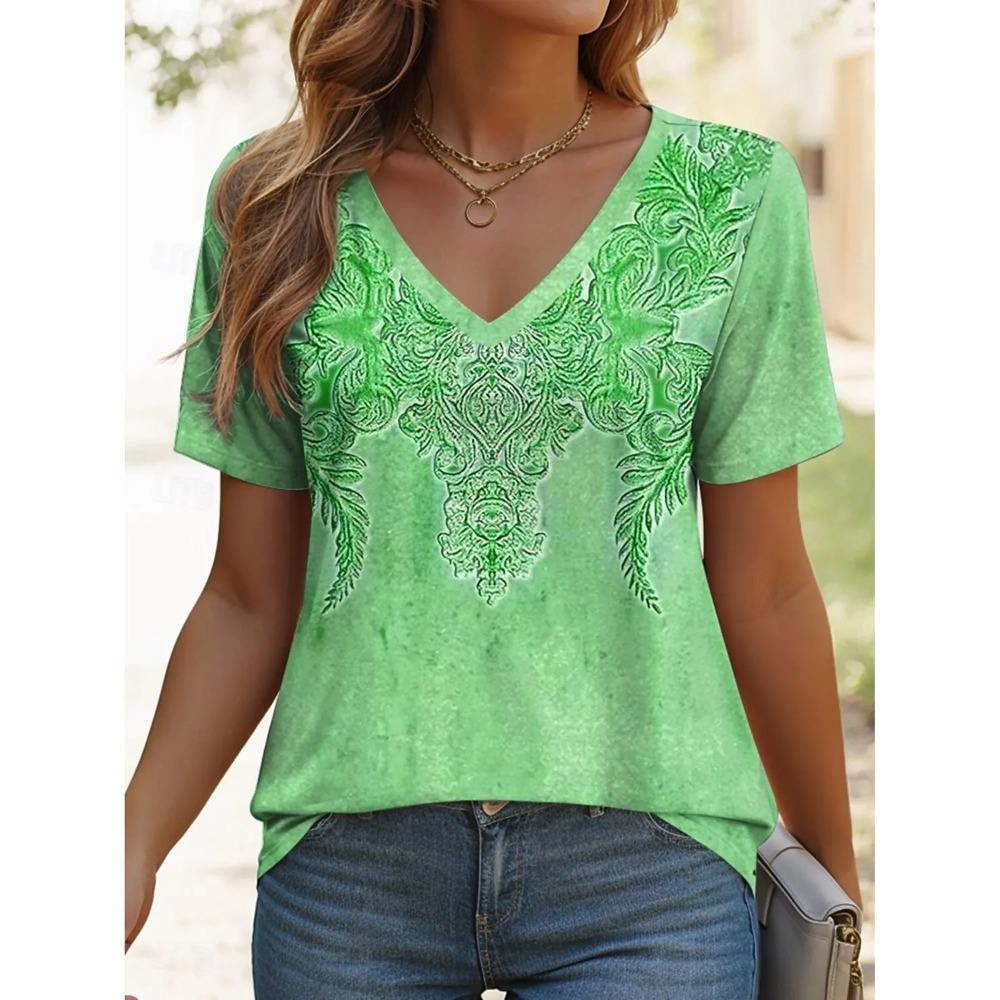 Ethnic Women's Vintage Graphic Fashion Short Sleeved V-Neck Regular Tops Daily Summer Casual Comfortable V Neck T-Shirts