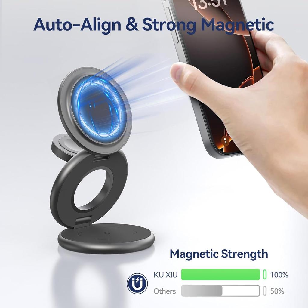 X63 3 in 1 Charging Station for Apple, Aluminum Alloy Foldable Magnetic Wireless Charger, Travel Charger for iPhone 16/15/14/13/12 Series, Apple