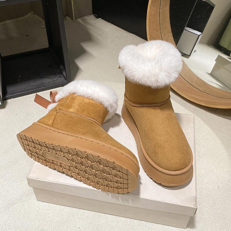 Fleece Thickened Snow Boots Winter New Thick-soled Fluffy Mouth Bow Warm Large-size Cotton Shoes