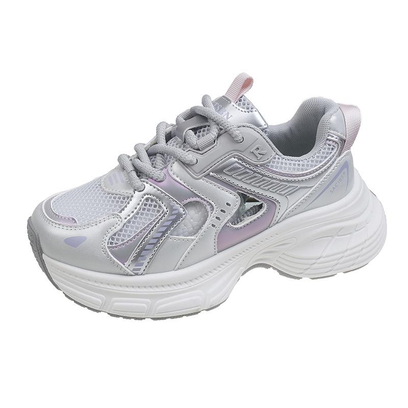 

Thick-soled hole shoes Hollow mesh breathable summer thick-soled dad shoes women s 2025 new casual height-increasing sports shoes 35 серебряный