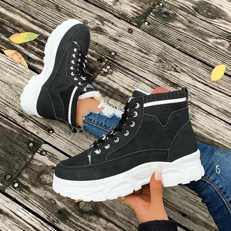 Modne Zimowe Nowe Bawełniane Botki na Grubej Podeszwie Damskie Modne Okrągły Nosek Sznurowane z Przodu Miękka Podeszwa Antypoślizgowe Ciepłe Krótkie Botki